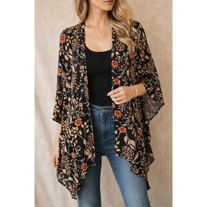 LC Lauren Conrad Floral Kimono Wrap Open Front Cardigan Navy Multi Rayon OS